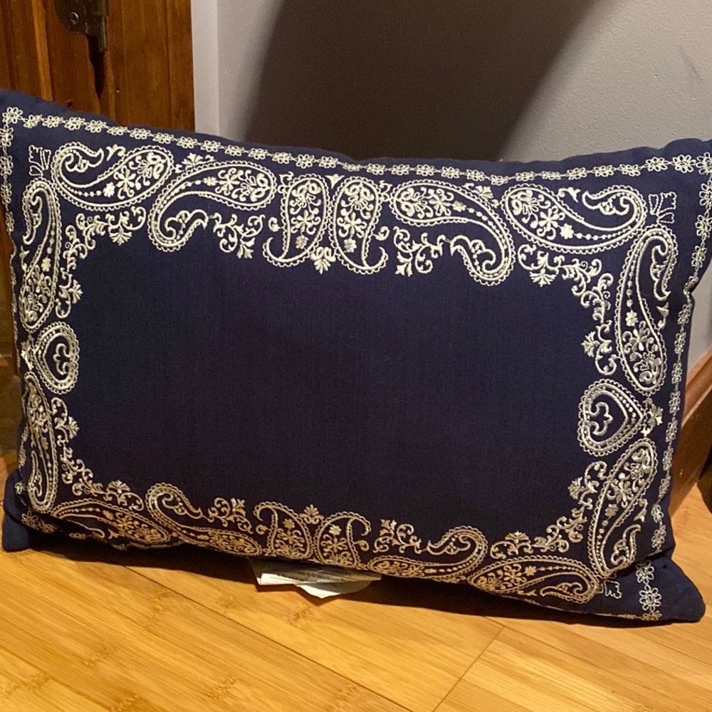 New Navy Blue Embroidered Rectangular Pillow